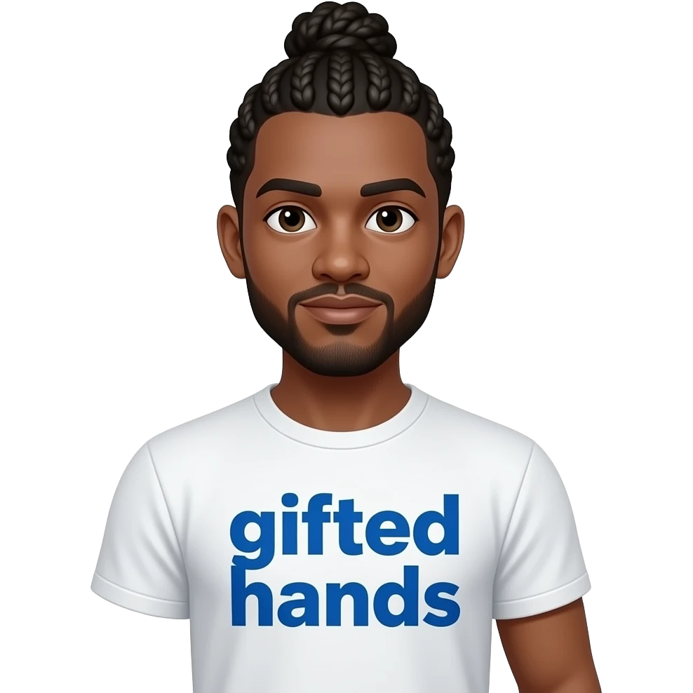Short African American man with missing left arm and right arm missing a hand with cornrow braids into a man bun wearing a white shit that says gifted hands in bold blue letters emoji