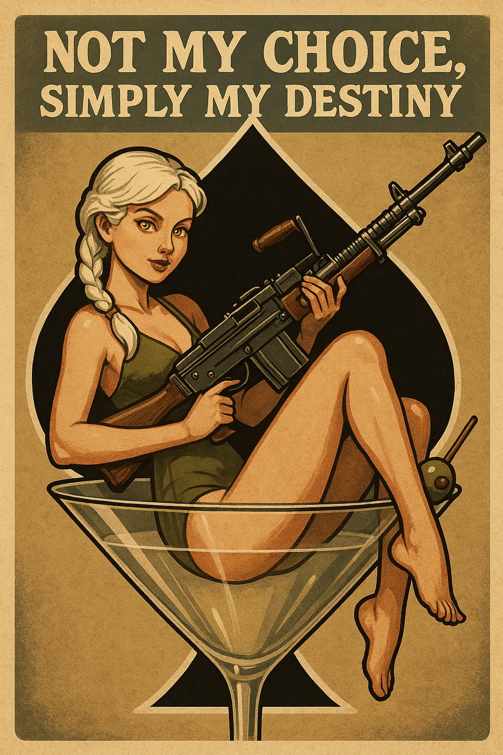 a retro military pinup " not my choice, simply my destiny "
; female figure young,gorgeous, white hair 1 braid, gold yellow eyes, sitting in a martini glass with a massive LMG in a swimsuit in front of a large 'spade' that frames the design emoji