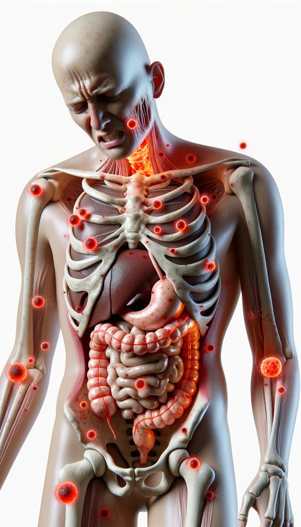 corpo umano anatomico con parassiti nell'intestino e red spot di infiammazione sparsi sul corpo, espressione di dolore in volto, iperrealistico 4k , sfondo bianco emoji