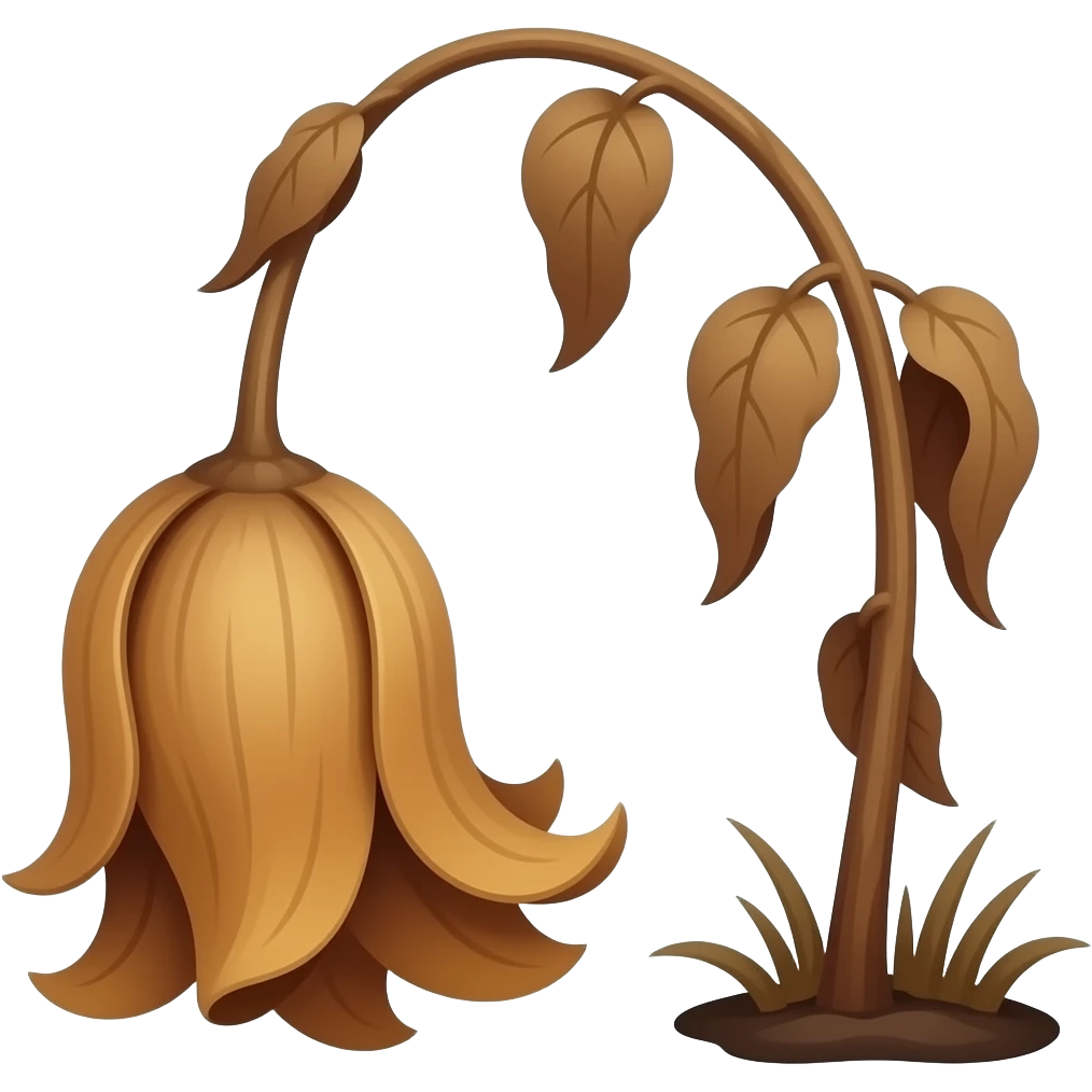 Wilted dead dark brown plantstem from the ground hanging with leaves emoji