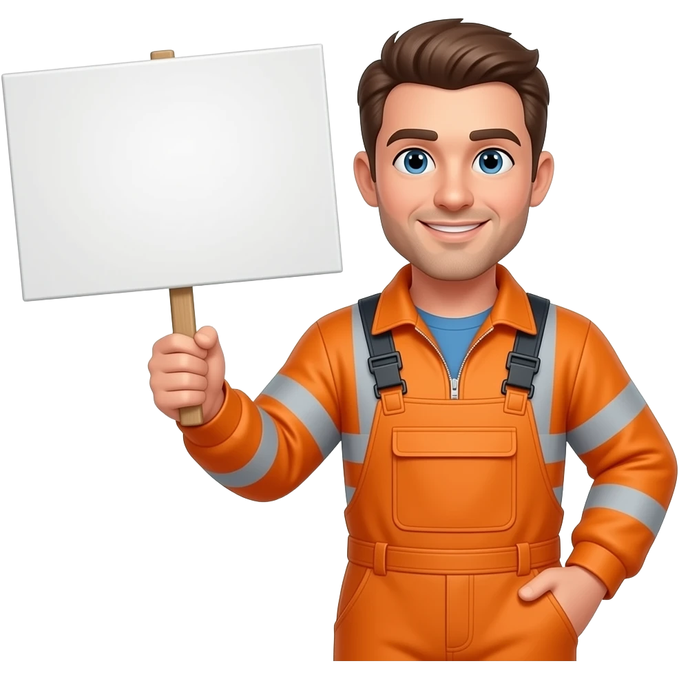 man in full orqange hi-vis overalls with sleeves standing holding a sign emoji