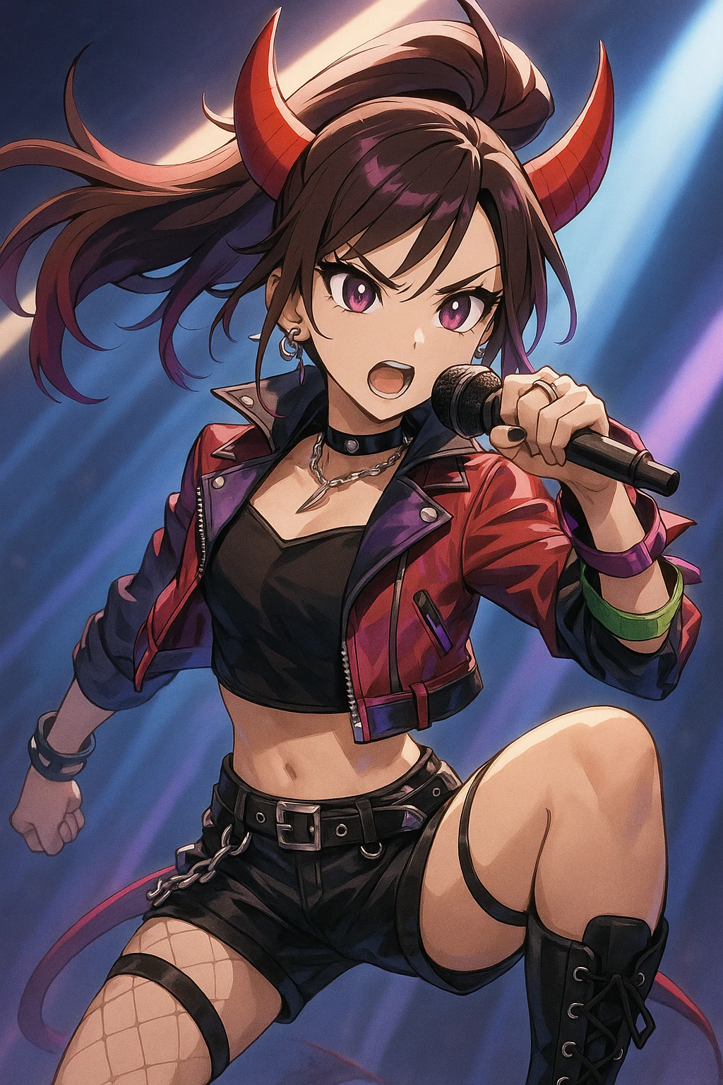 Rumi from Kpop Demon Hunters, action stance, holding a microphone, dramatic lighting, K-pop fashion, anime-inspired style emoji