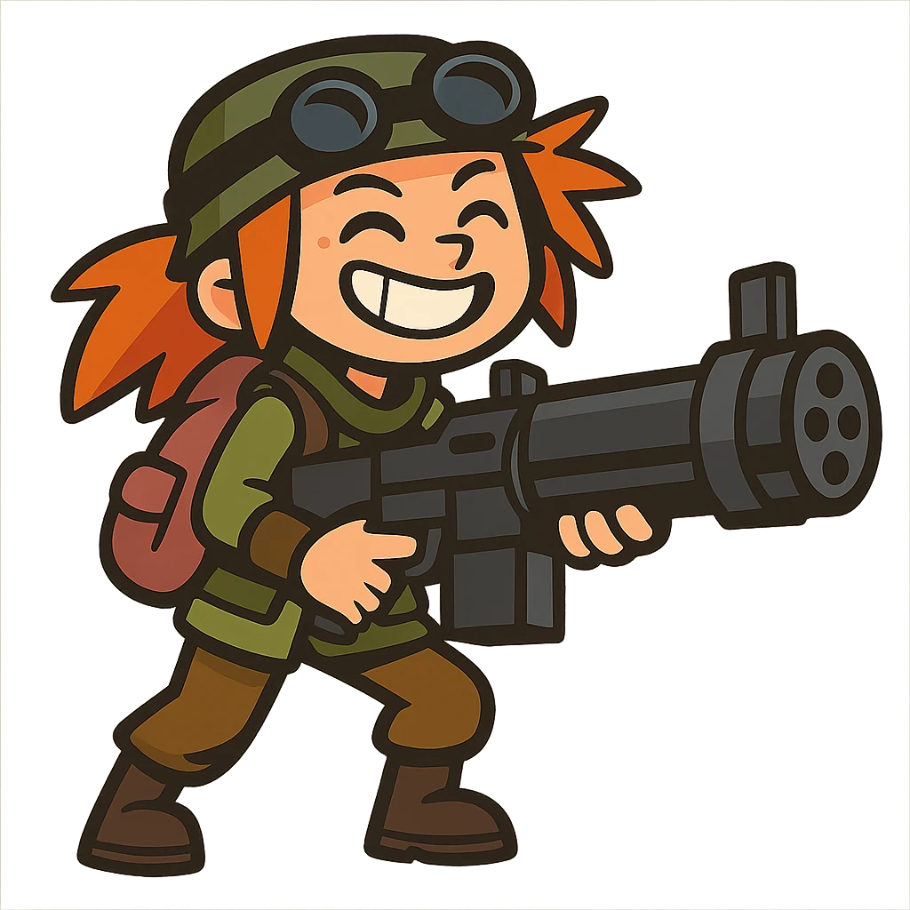 funny, positive stalker girl with a huge machine gun, smiling and energetic emoji