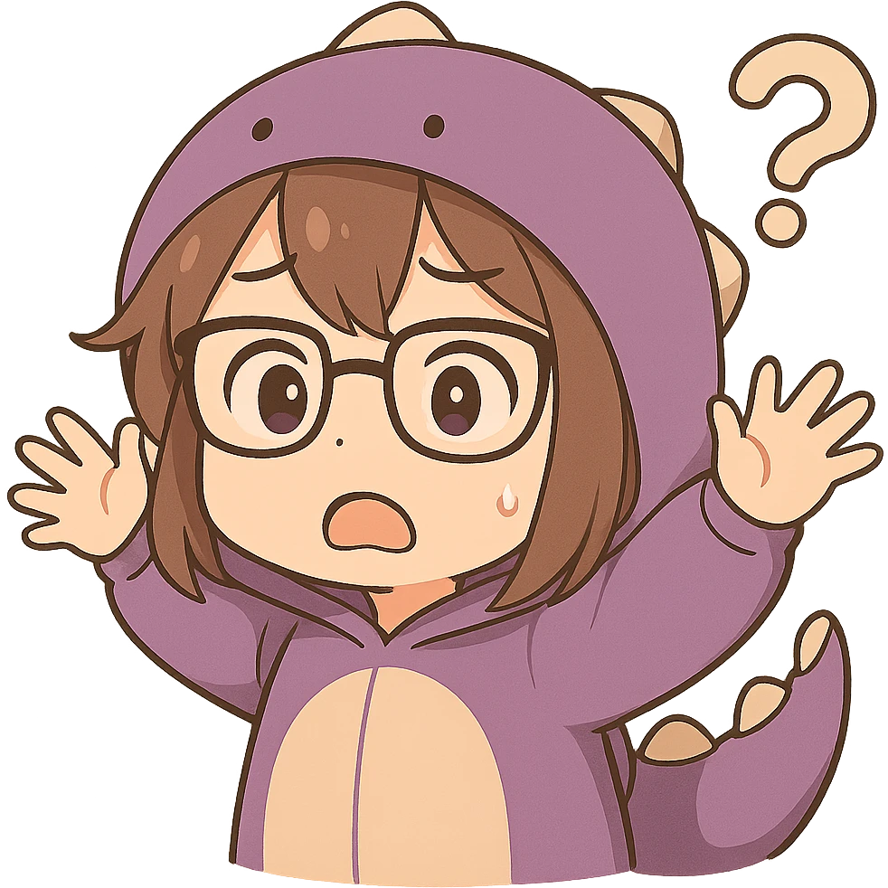 Chibi anime style gamer girl with glasses, brown hair, dark purple eyes, wearing a purple dinosaur costume, new pose with arms up in excitement, making a confused expression, no controller, no background, same style as reference. emoji