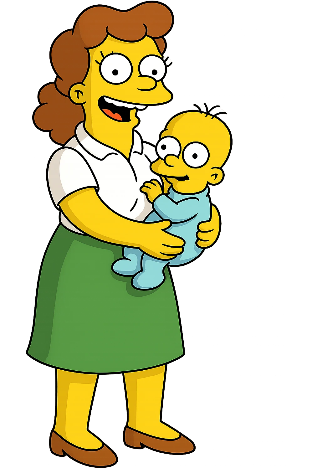 cheerful nanny in Simpsons style, yellow skin, green skirt, white blouse, carrying a baby, cartoon look emoji