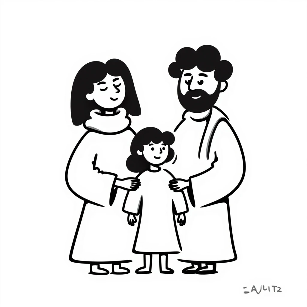 Jesus and his family, simple hand-drawn doodle style emoji
