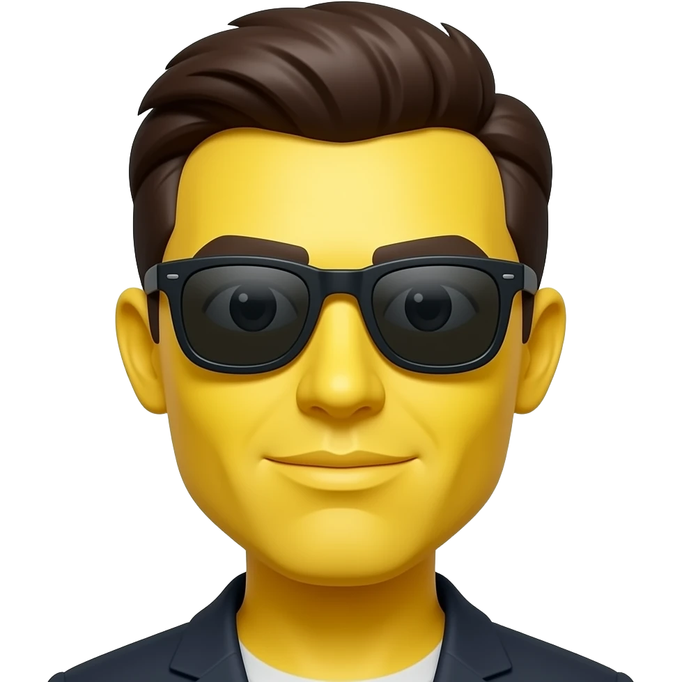 Emoji de cara redonda amarilla con gafas de sol oscuras, la luz se refleja en su superficie, . que el fondo sea negro con la boca emoji