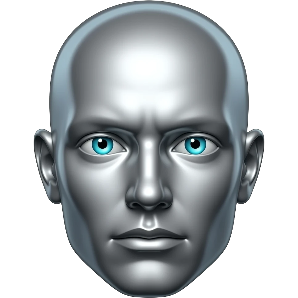 "Polished chrome stoic statue head, perfectly symmetrical, piercing cyan glowing eyes, no background. Modern digital art style, clean chrome blue light reflections. Emoji format." emoji