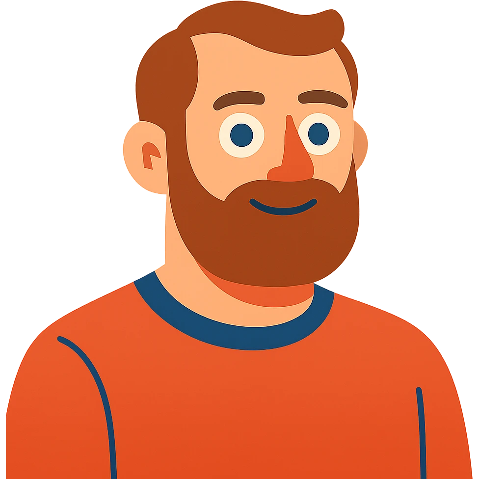 Homme avec moins de cheveux, barbe plus courte, cheveux et barbe bruns, même style cartoon vibrant, avec fond transparent emoji