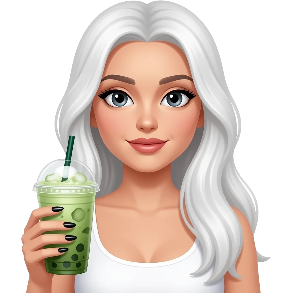 lady with black eyes and white really long hair, long black nails and holding a large iced matcha, wearing a white top emoji