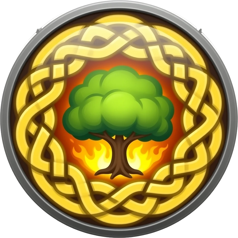 emblem with glowing celtic knot with tree of life and fire emoji