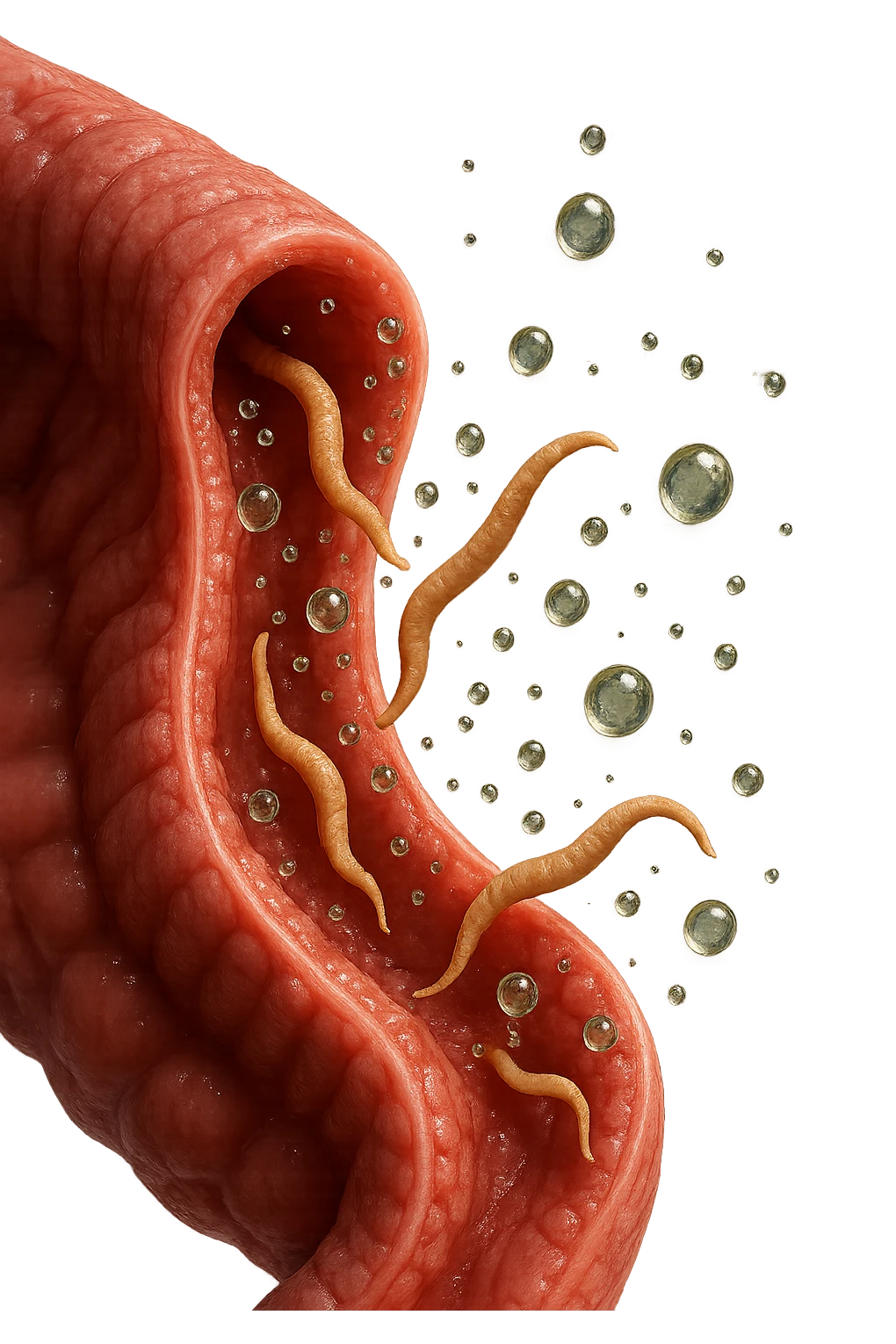 Realistic medical image of microscopic parasites leaving the intestines after taking natural kinesiological drops, symbolizing detox and cleansing. emoji