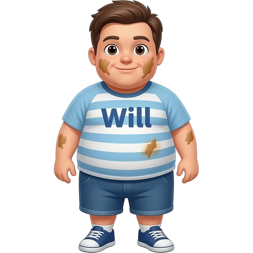 NIÑO Y QUE SE LE VEA TODO EL CUERPO.Personaje muy gordo, se llama Will. En su camiseta pone su nombre (Will). Muy GORDO y con toda la cara manchada de tanto comer. emoji