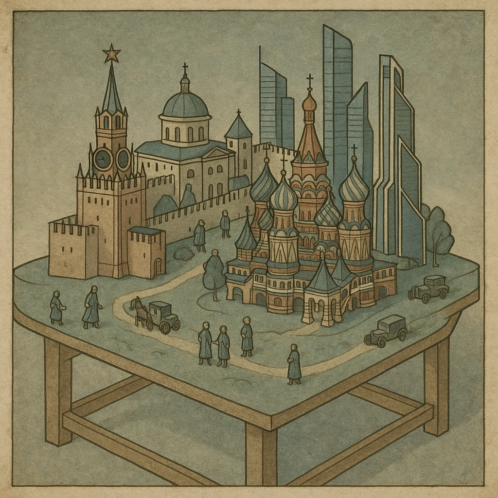 Изометричная миниатюрная 3D модель Москвы на подставке - фотореалистичный Кремль, собор Василия Блаженного, Башни Москва-Сити, аккуратная детализация, люди и автотранспорт, яркие цвета, мультяшный реализм, компактная композиция,  вид сверху в изометрии emoji