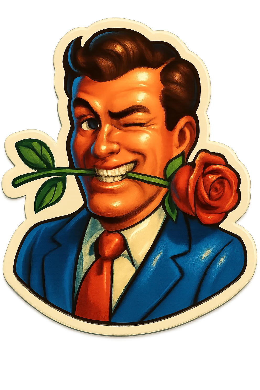 A man with a mischievous grin, holding a rose between his teeth, stylized sticker emoji
