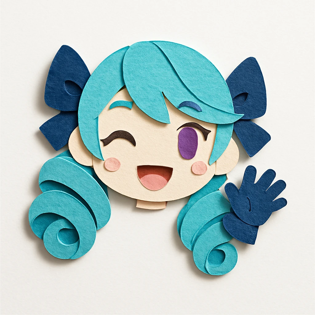 chibi style Gwen from League of Legends, only head, right eye purple, one hand waving with glove, smiling and energetic, paper craft style emoji