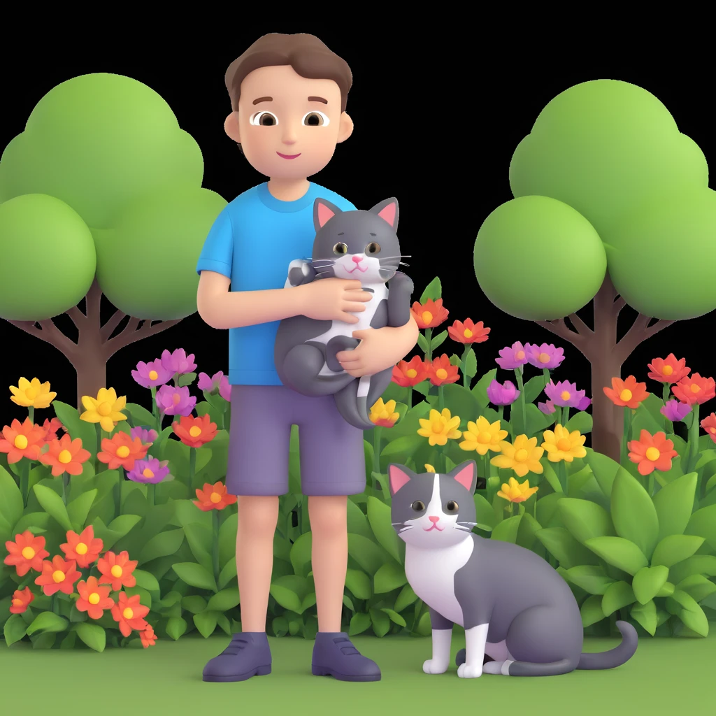 boy and cat pet in garden background emoji