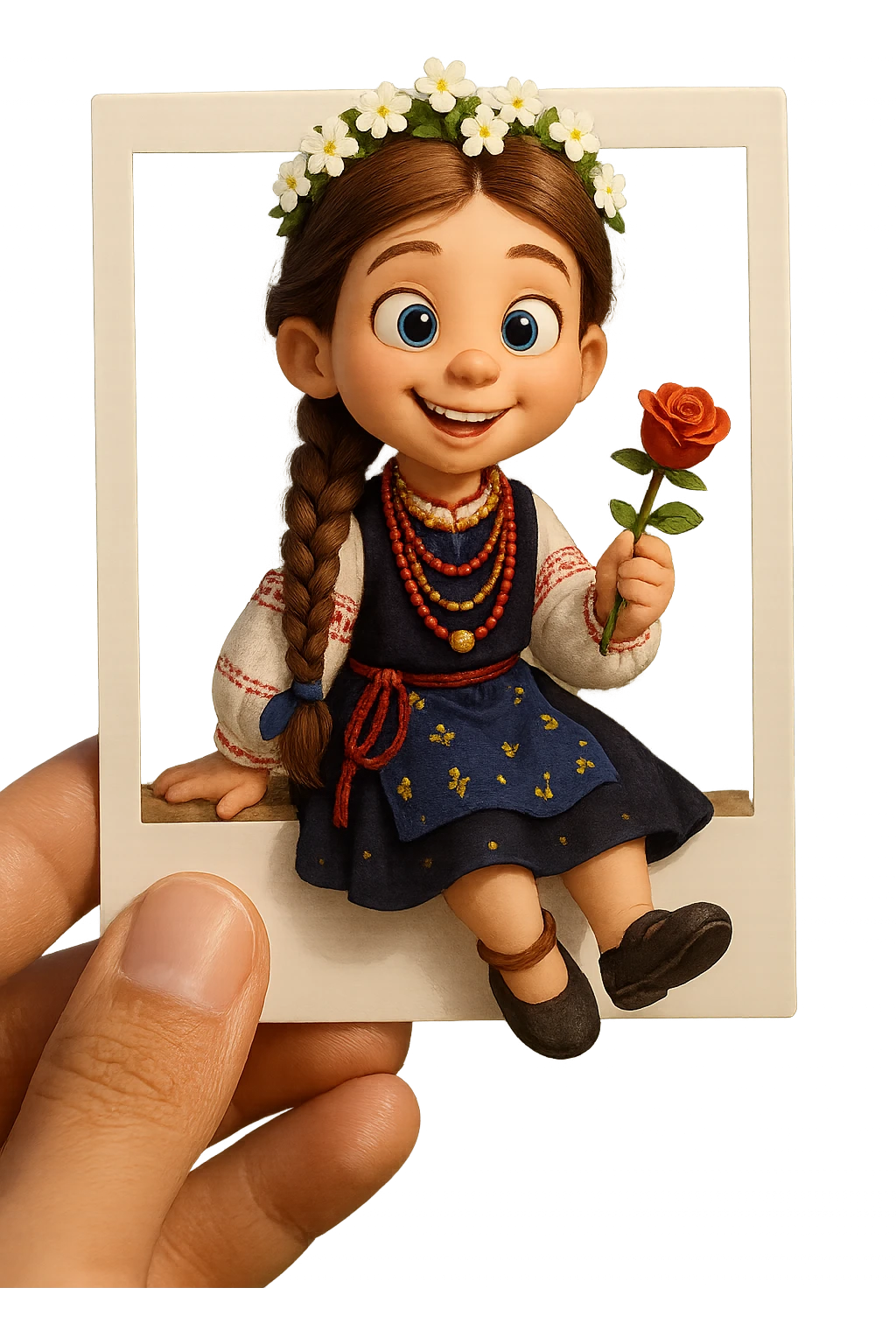 Based on the provided image, create a cute, stylised 3D character sitting playfully on the edge of a white Polaroid-style frame with one leg hanging off the edge. The character is holding a red rose and is wearing the same clothes as in the reference image.
The background is a soft, blurred landscape with a Ukrainian scenery.
The frame is held by a human hand with warm (light brown) skin tone.
The character has a happy, expressive face and Pixar-style lighting. The composition is centred, with realistic soft shadows and bright natural lighting.
Aspect ratio: 2:3. emoji