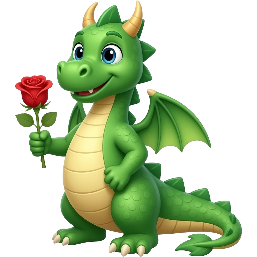 " Cute Discord emoji of a friendly green dragon holding a red rose. Simple cartoon style, bright colors, clean outlines, easy to see at small size." emoji