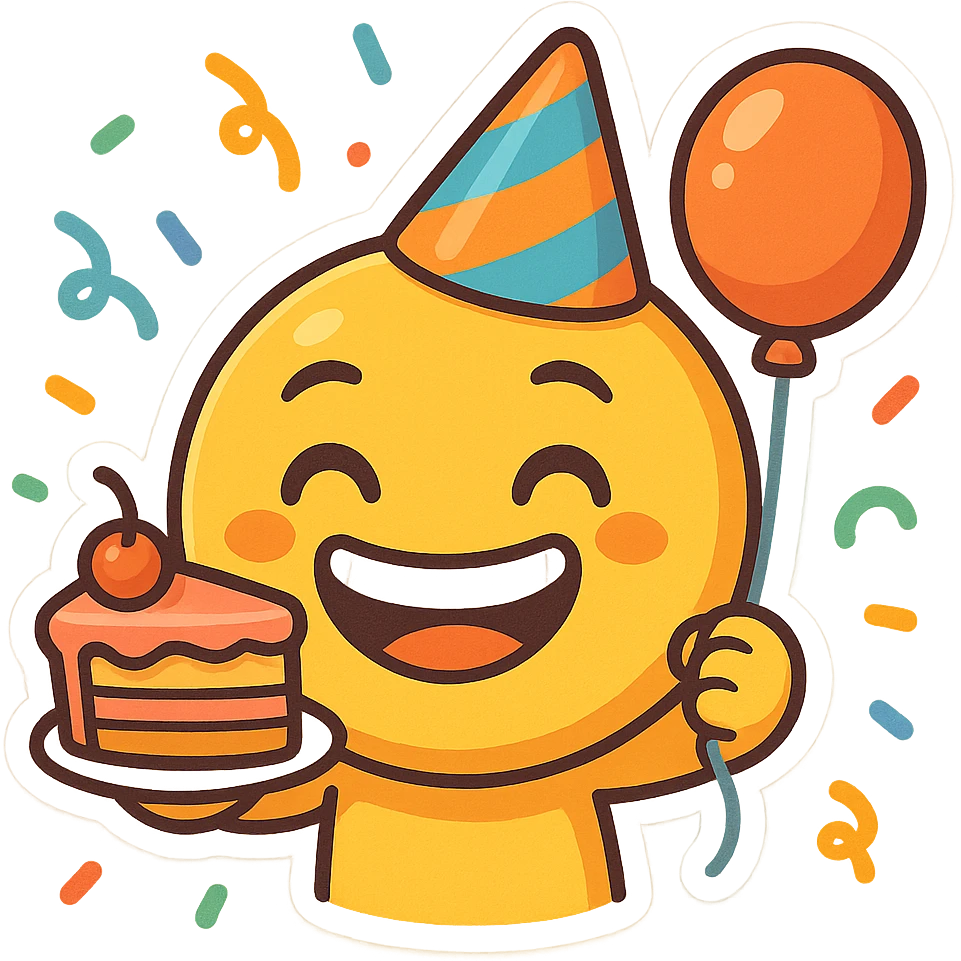 happy emoji character with wide grin, party hat, holding piece of cake and balloon, surrounded by confetti, vibrant cartoon style emoji