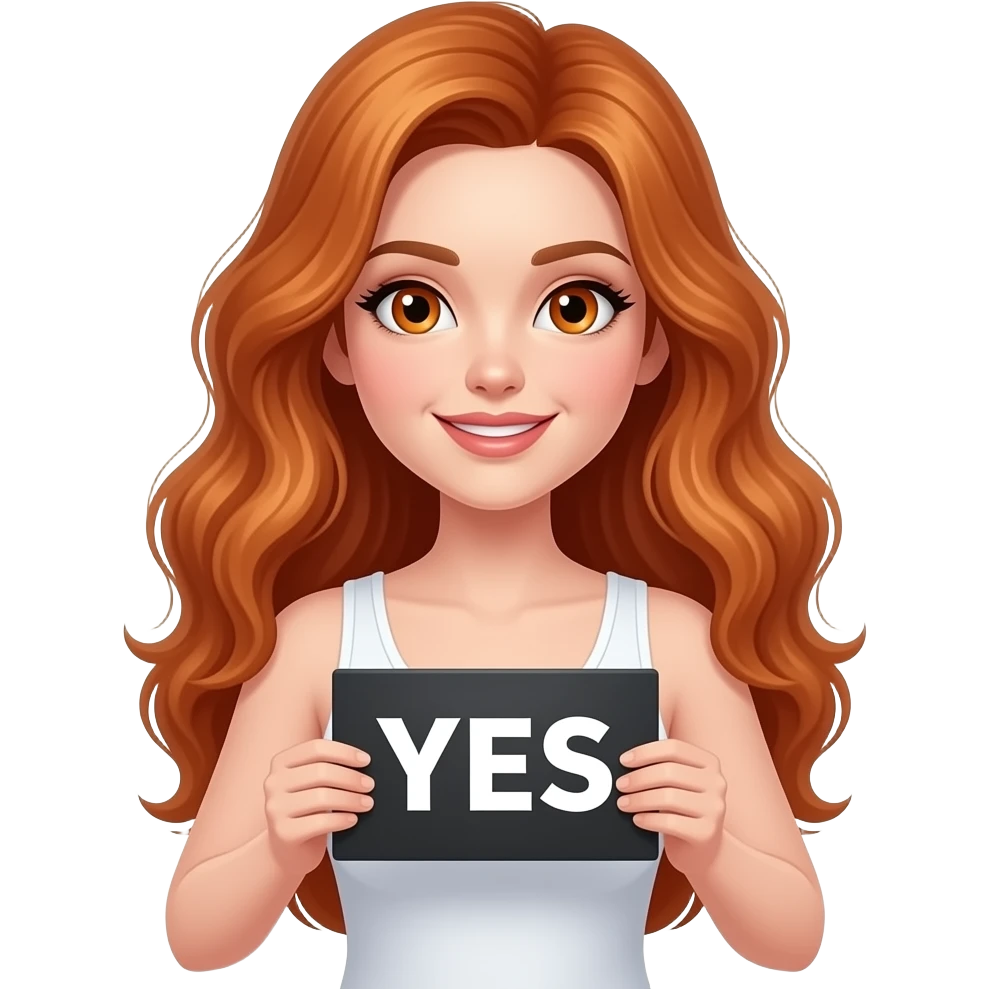 sexy girl with long wavy ginger hair and ginger eyes wearing a white tanktop is holding a black colored sign with YES written on it emoji