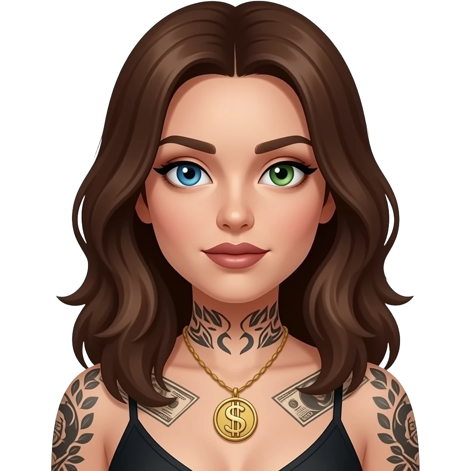 One blue eye one green eye pale white woman with brown hair money piece and dark feminine makeup and body tattoos emoji