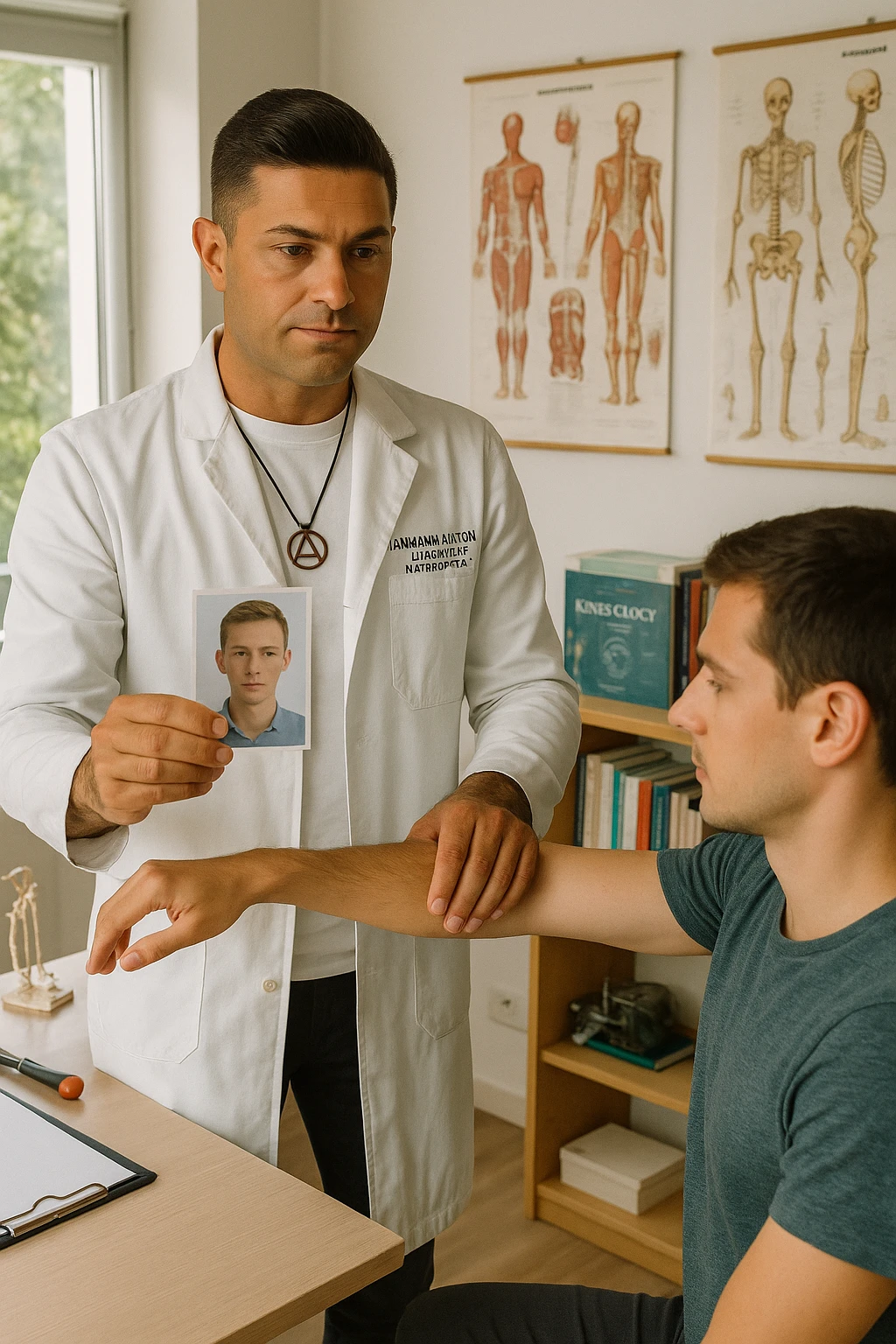 a middle-aged man, dressed in casual professional attire, is in a bright, organized therapy studio. Durante una visita di kinesiologia, il ragazzo tiene con una mano la foto di una persona lontana (il “testimone”) tiene la foto in mano, mentre con l’altra mano esegue un test muscolare su un cliente presente senza foto. Sullo sfondo si vedono libri di kinesiologia, poster anatomici e strumenti tipici della disciplina. L’atmosfera è concentrata e serena, con luce naturale che entra dalla finestra, sottolineando l’aspetto alternativo e umano della pratica. emoji