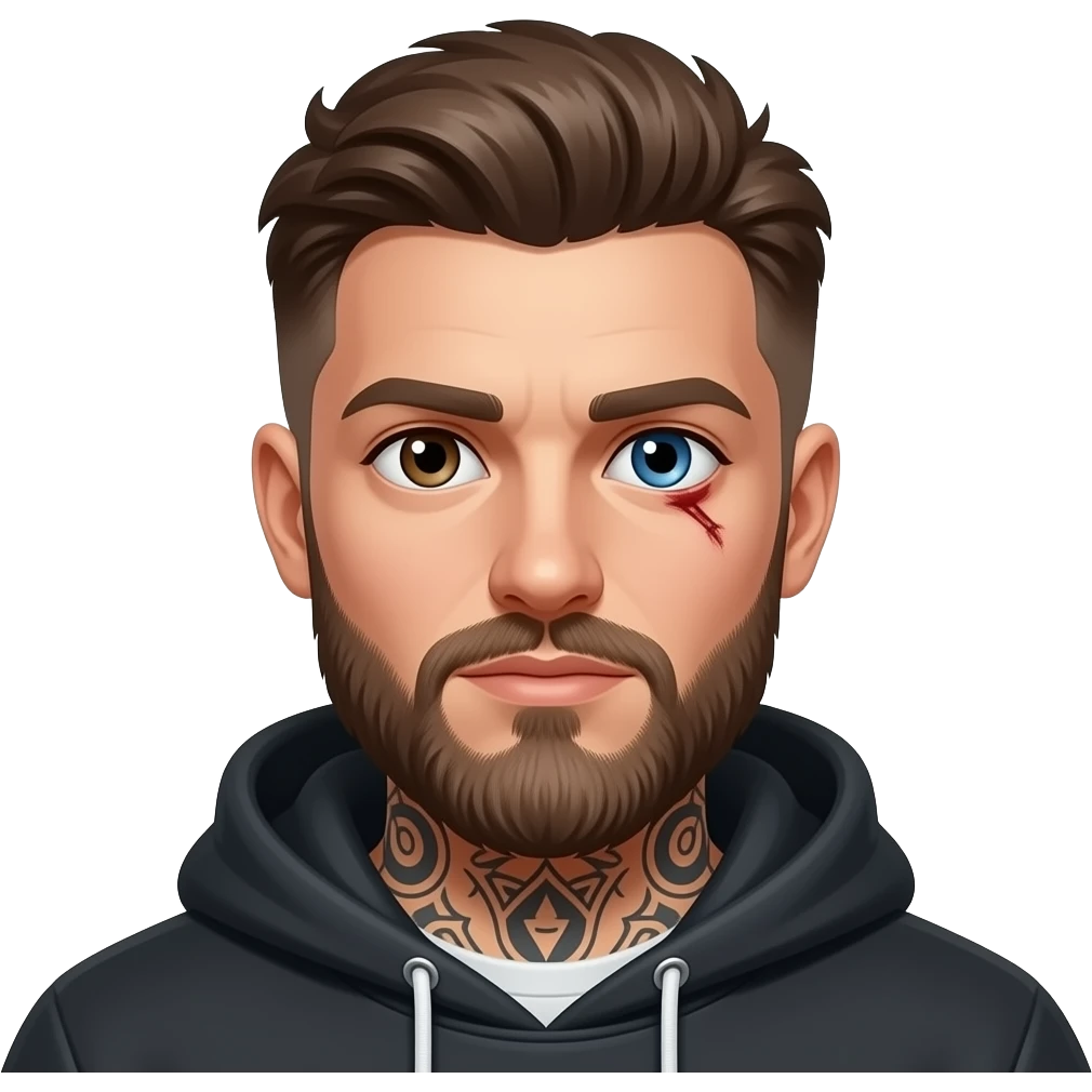 Hot guy, beard, tattoos, hoodie, right eye blue, left eye dark brown, scar on the left eye emoji