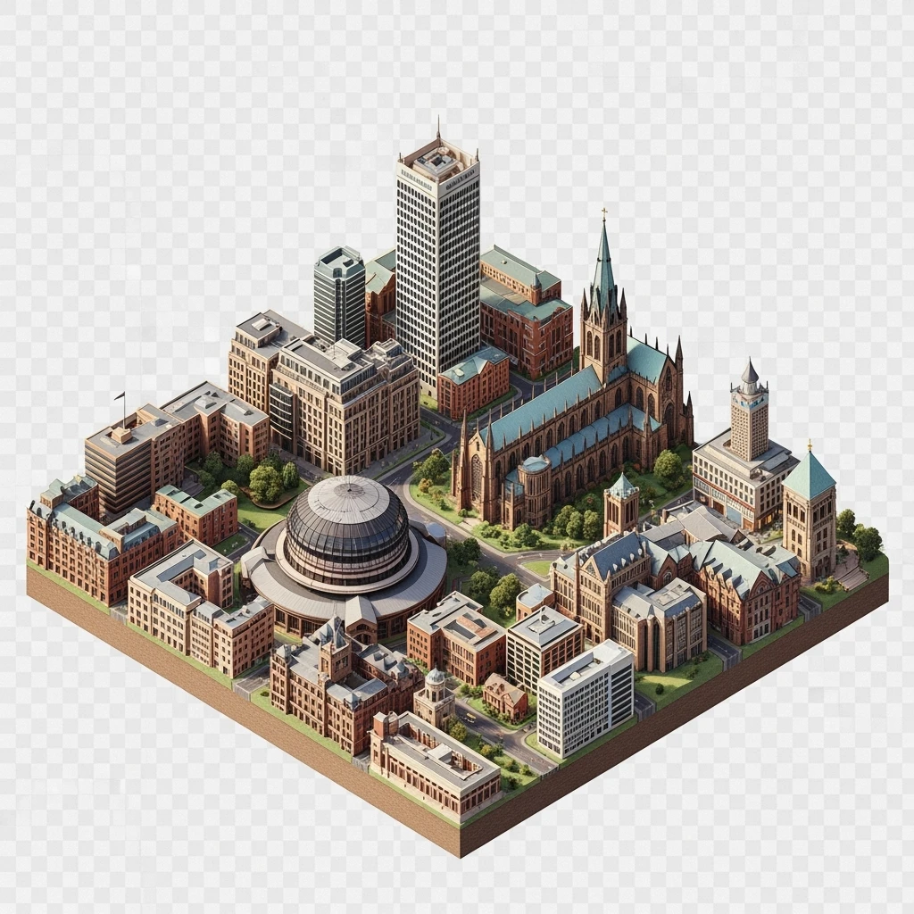 Isometric illustration-model of panorama view Birmingham with photorealistic main buildings, balanced between stylized and realistic, 3D miniature effect, transparent background. emoji
