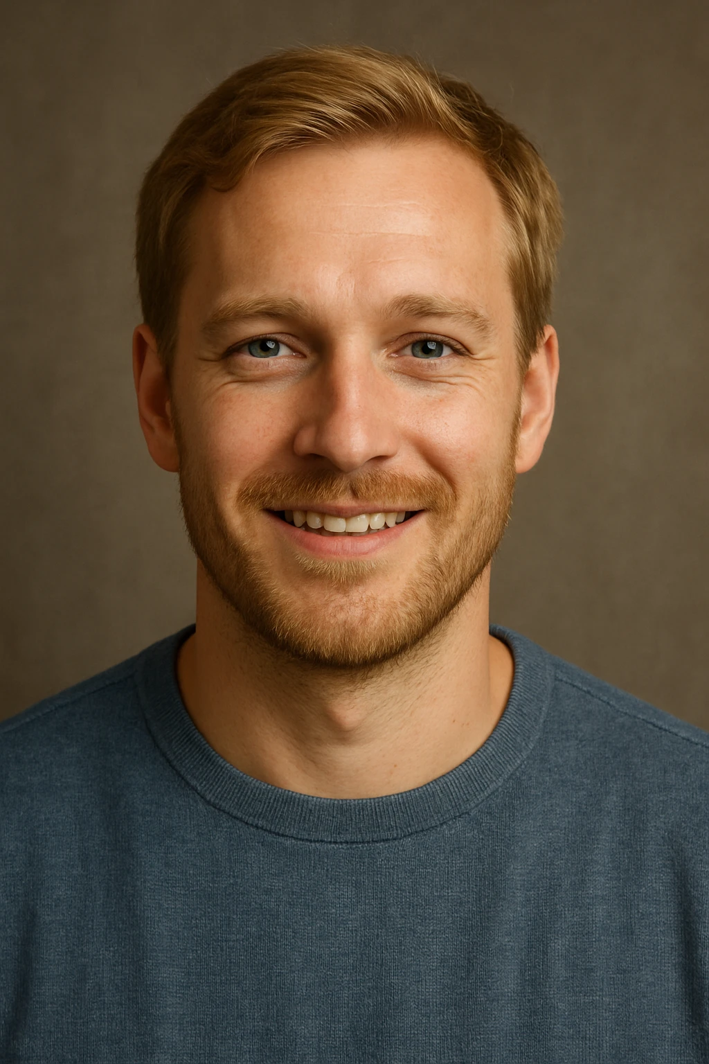 A man, 35 years old, blonde hair, blue eyes, light beard, smiling expression. emoji
