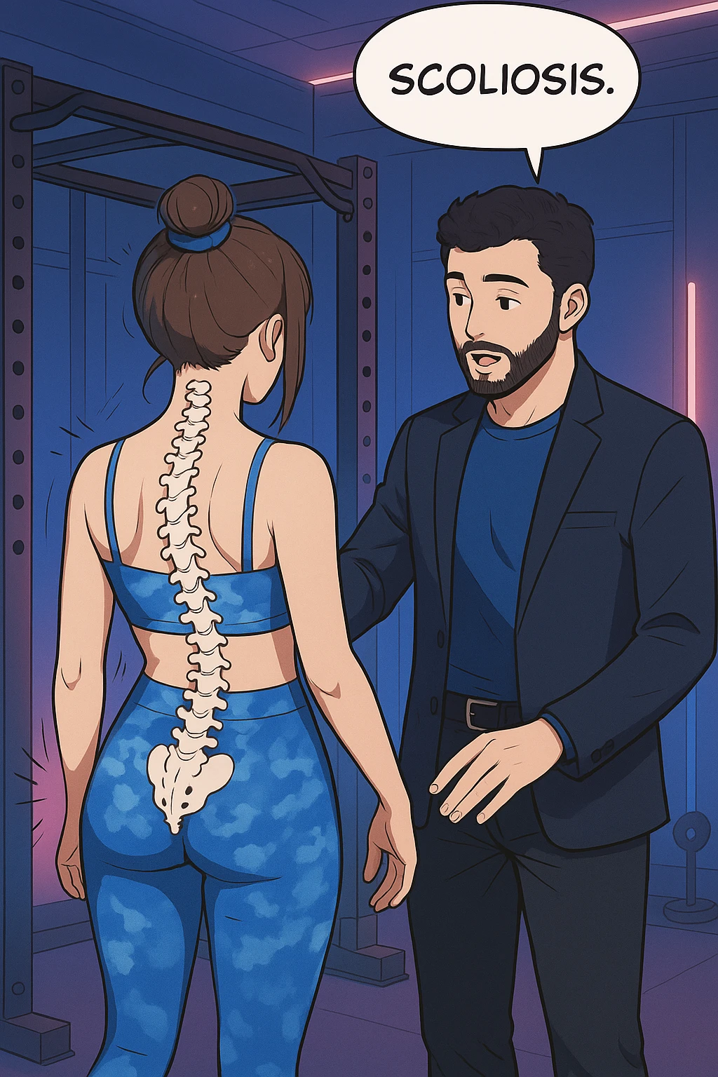fai questa immagine in versione manga/webtoon a colori, il manga mostra la donna di spalle, mentre l'uomo le tocca la spina dorsale per spiegarle come funziona la scoliosi:
Con una scoliosi il baricentro corporeo cade maggiormente da un lato; per non cadere la schiena compensa accumulando tensione sul fianco opposto.
Il risultato? Si inclina e ruota sempre più, fino a che non cede (discopatie, artrosi, ecc) emoji