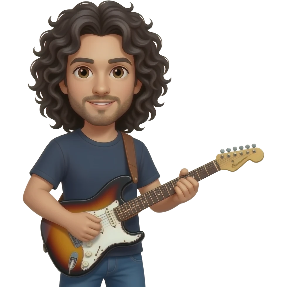 long curly black hair man playing electric V guitar emoji