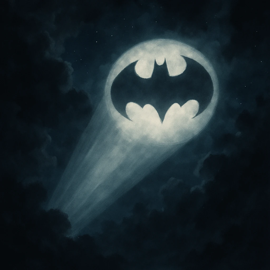 bat signal, dramatic lighting, night sky, iconic silhouette emoji