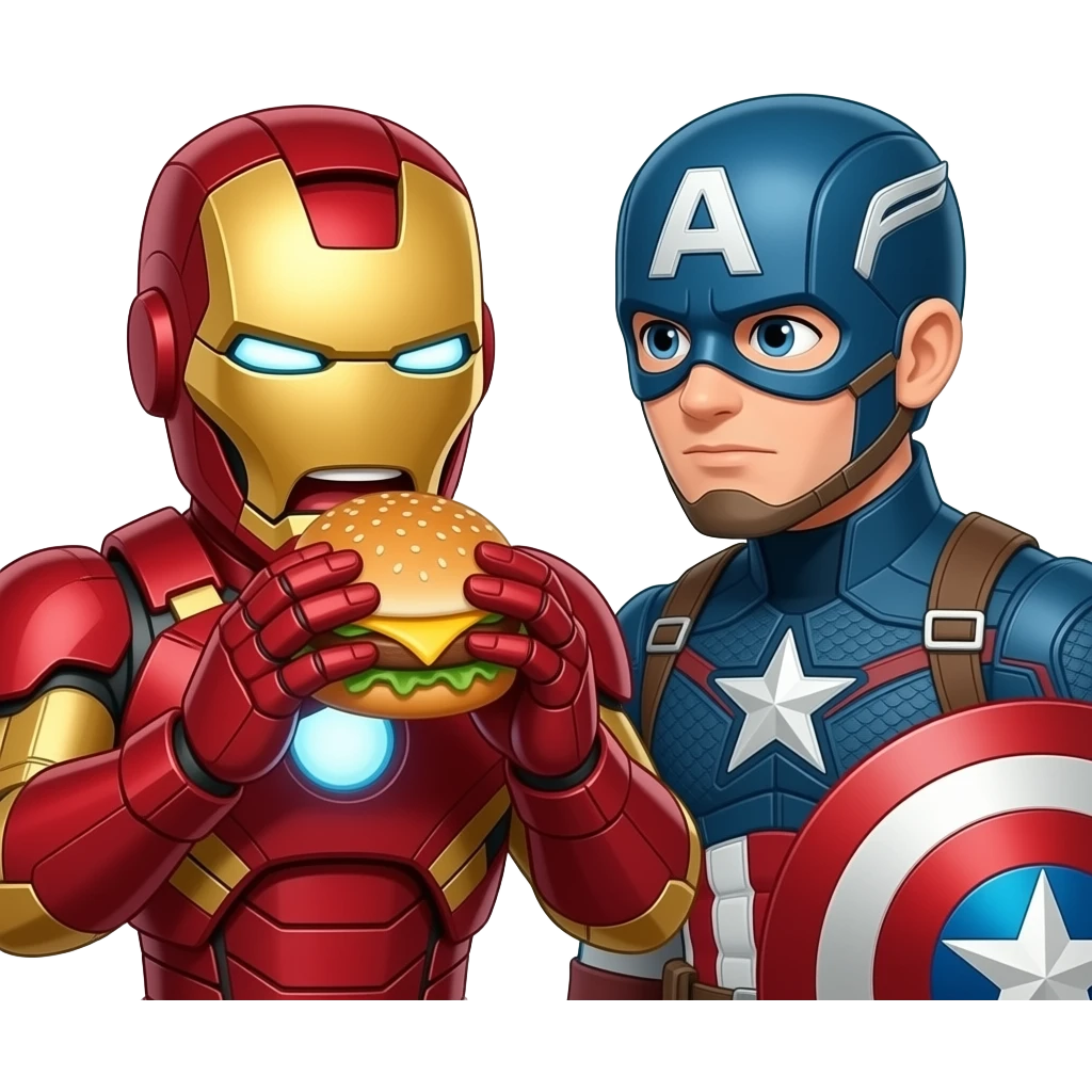 Iron man eating a cheeseburger and captain America steals it emoji