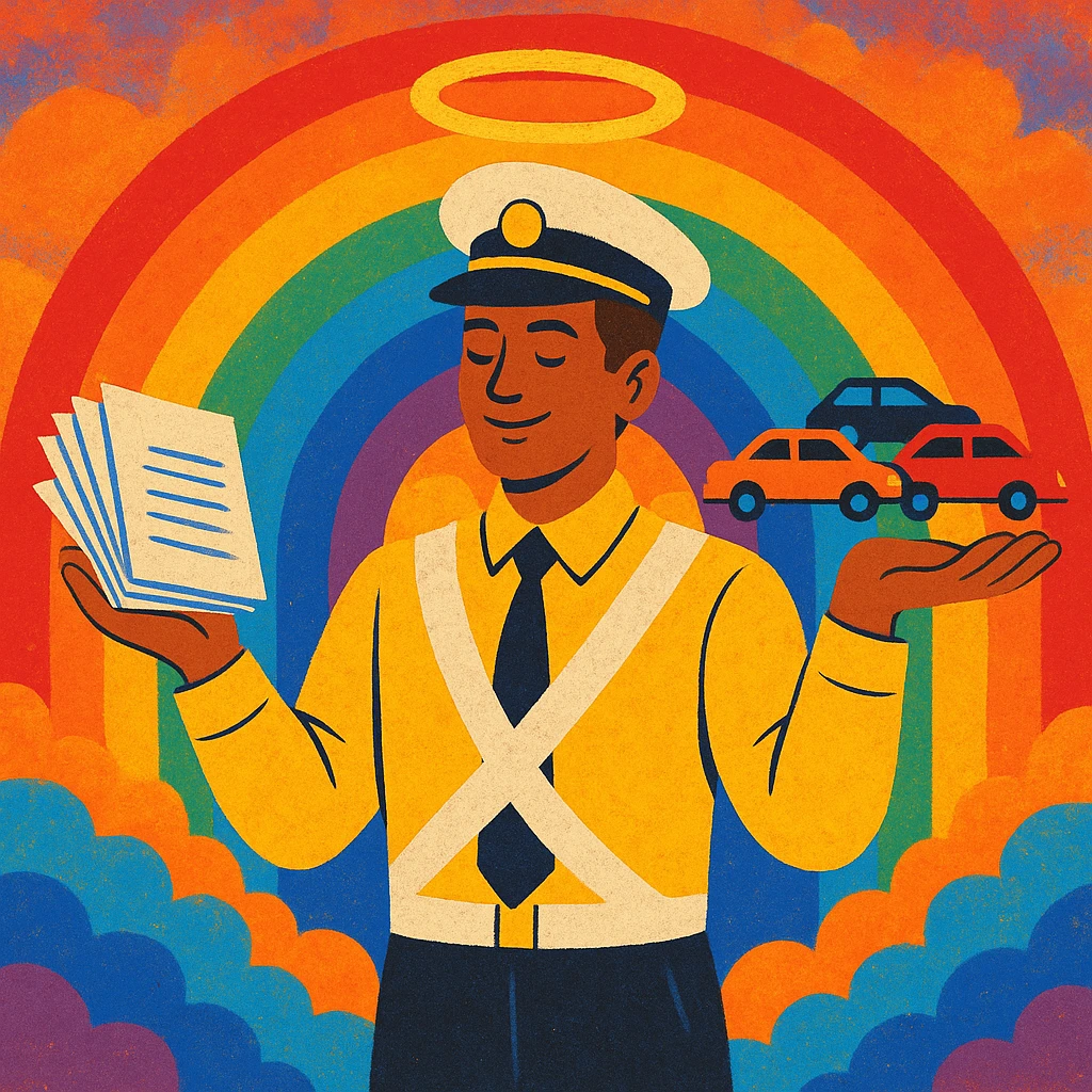 A traffic officer, halo above head, rainbow backdrop, arms extended: one hand with a stack of papers, the other with cars driving. emoji