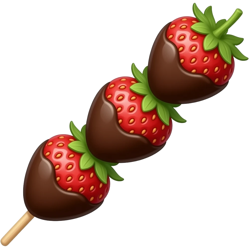 cute chocolate dipped strawberry skewer with three strawberries, kawaii emoji style, glossy chocolate coating, simple icon emoji