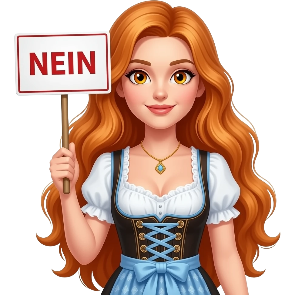 sexy girl with overlong ginger hair and ginger eyes wearing a dirndl holding NEIN sign emoji
