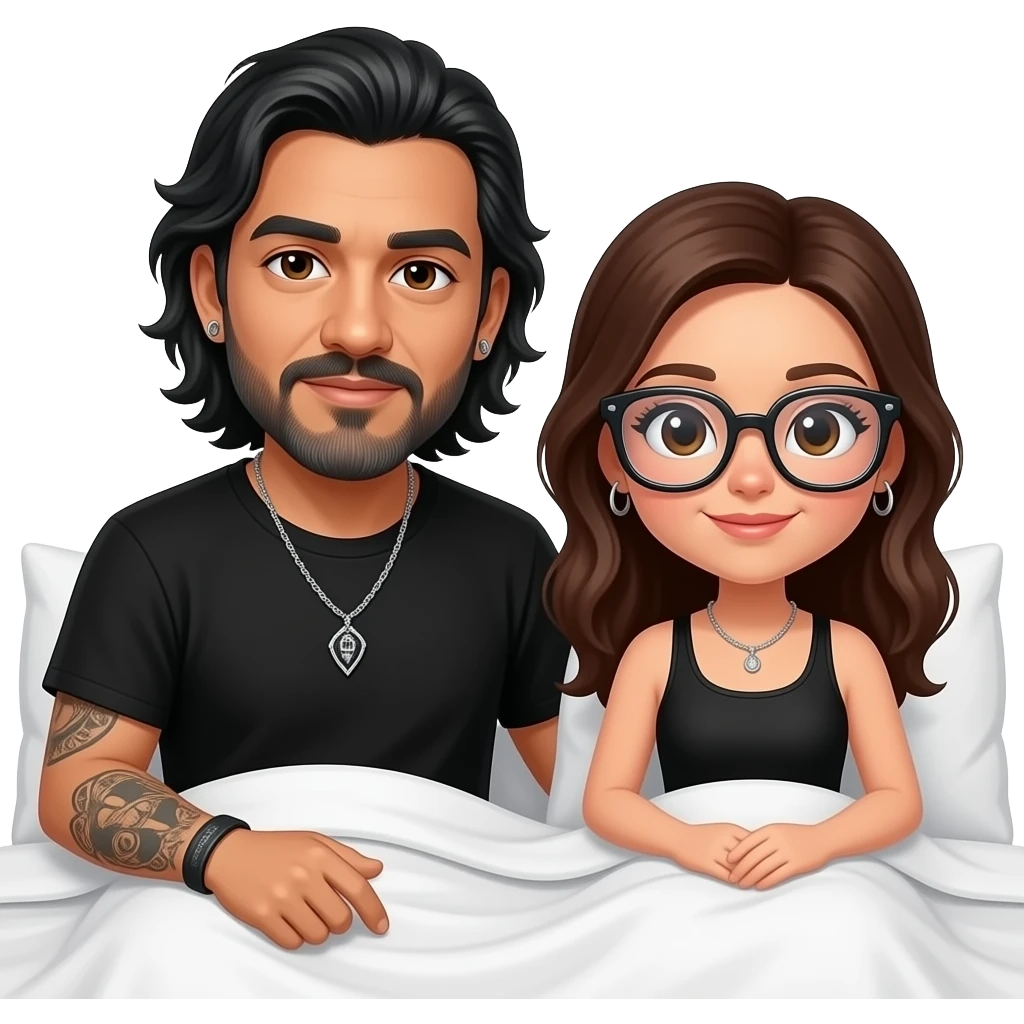 The handsome manly Latino podcast host with medium length hair, a long slightly graying beard and tattoos with his ears pierced 1 time each ear and a nose ring on the right side, dark brown eyes, wearing black, and jewelry, in bed with a girl with oversized glasses emoji