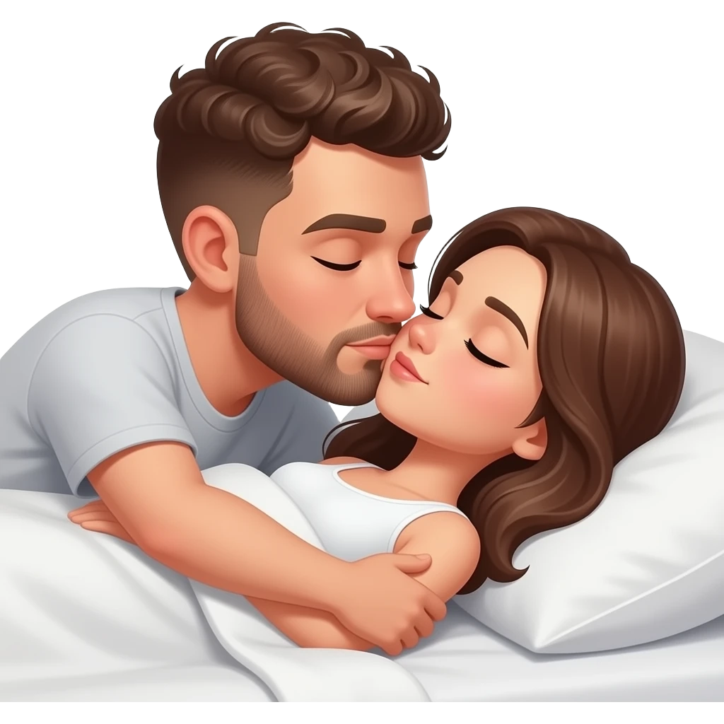 Realistic white man brown super short curly hair with beard long nose bridge kissing while sleeping in bed realistic white girl brown hair emoji