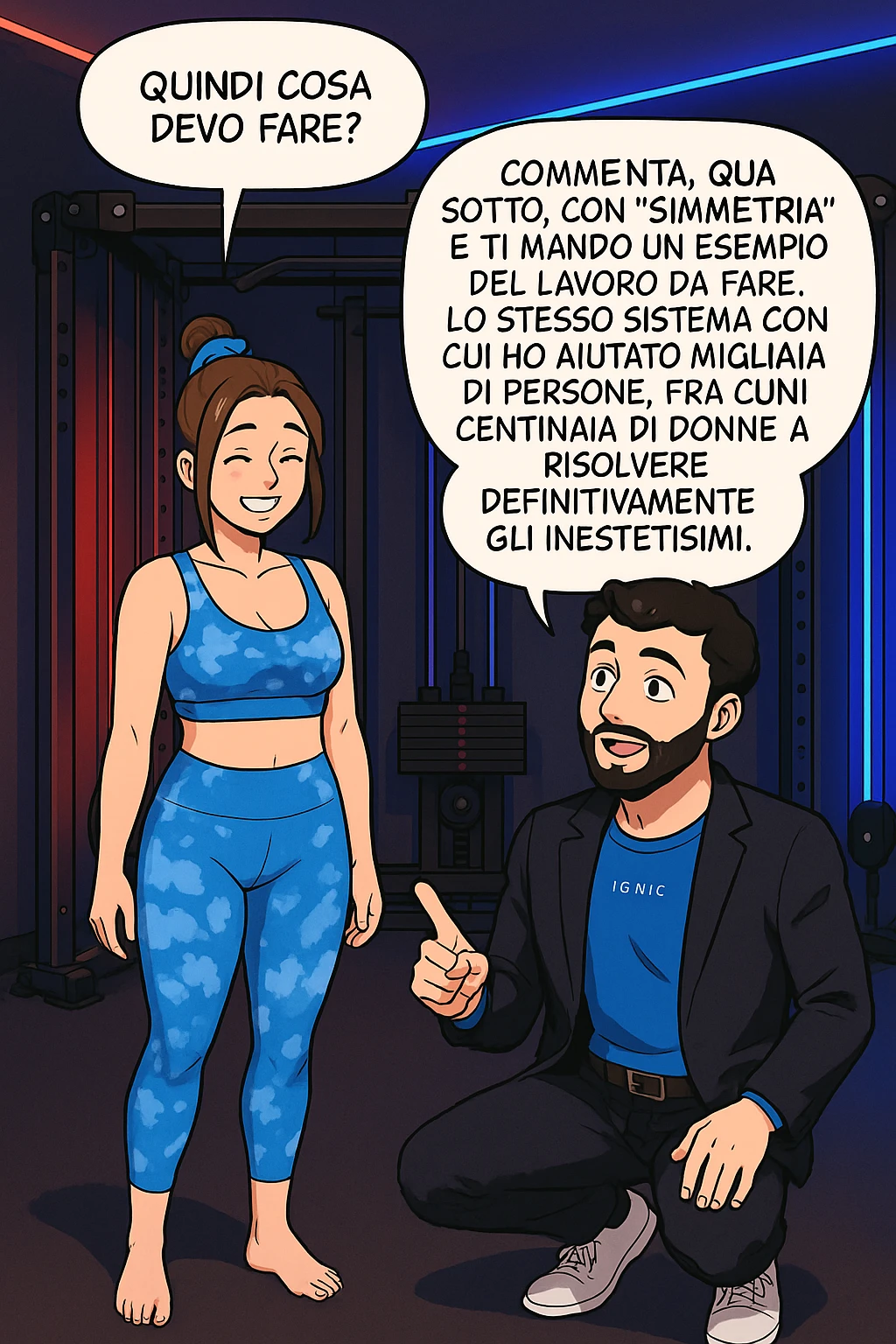 TRASFORMA QUESTO CAROSELLO IN UN FUMETTO STILE WEBTOON/MANGA A COLORI CON QUESTE DUE PERSONE IDENTICHE CHE INTERLOQUISCONO TRA LORO, LA DONNA SEMBRA SOLLEVATA/SODDISFATTA E CONTENTA:

LEI (DONNA): Quindi cosa devo fare?
LUI (UOMO): Commenta, qua sotto, con “simmetria” e ti mando un esempio del lavoro da fare. Lo stesso sistema con cui ho aiutato migliaia di persone, fra cui centinaia di donne a risolvere definitivamente gli inestetismi. emoji