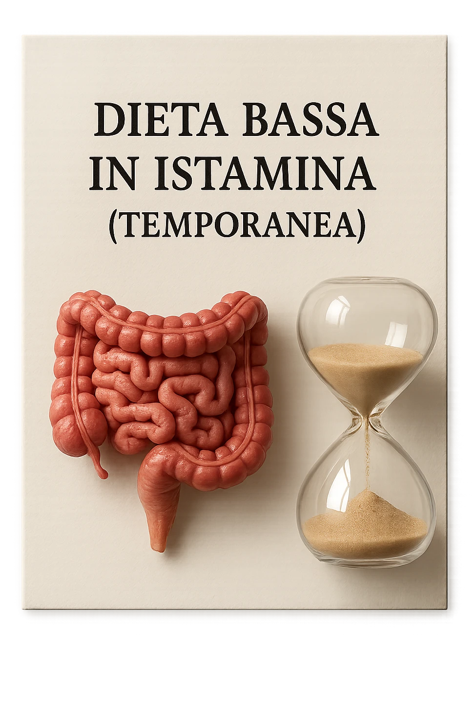 foglio di carta di una dieta con la scritta "DIETA BASSA IN ISTAMINA (TEMPORANEA), E ACCANTO CI METTI UN INTESTINO IN MINIATURA E UNA CLESSIDRA, iperrealistico 4k emoji