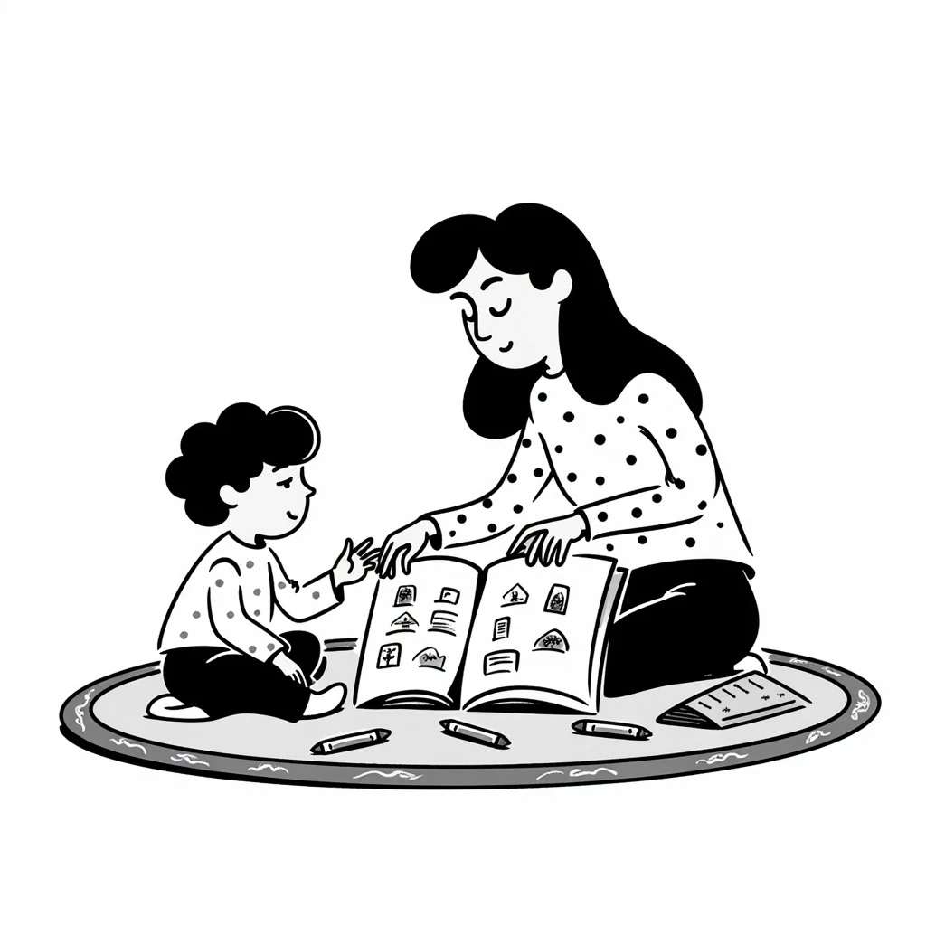 educator or speech therapist with child, who helps child with lessons emoji