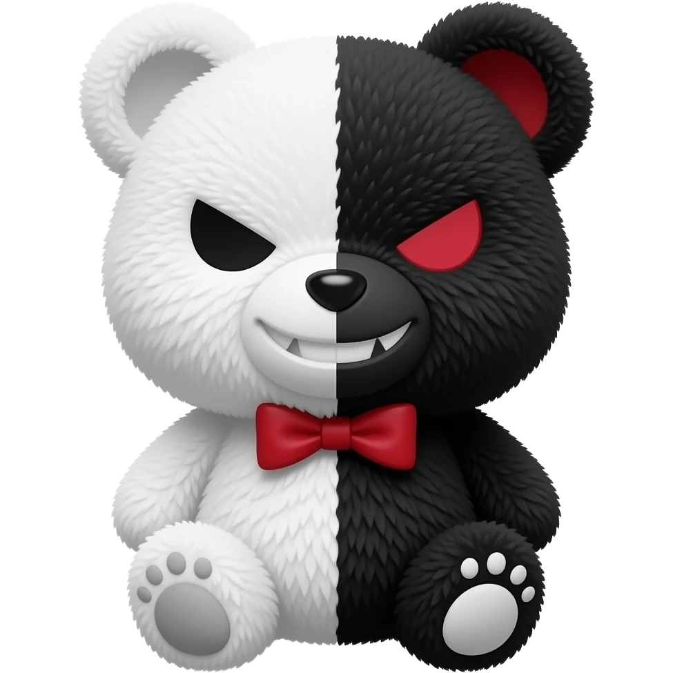 Um Ursinho de pelúcia que tem vida com metade branco é preto branco é normal mas o preto tem um sorriso maligno é olho do formato de / vermelho o nome dele é monokuma emoji