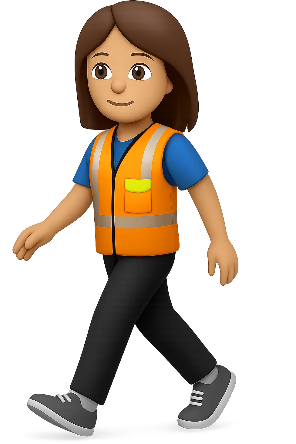 Edit the images to depict a full-body white female person walking, with shoulder-length brown hair, wearing a high-visibility vest, no hard hat, and trainers. The style should resemble apple style emojis with no background (transparent). emoji