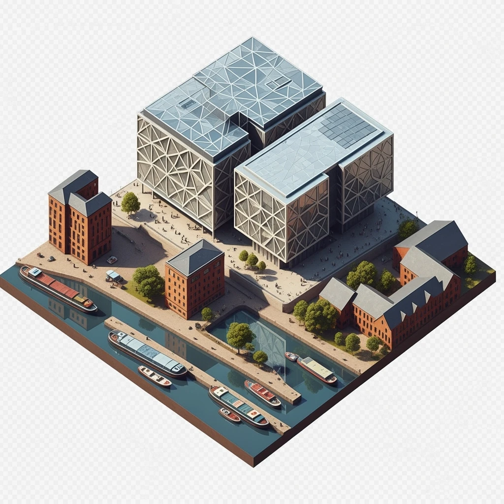 Isometric illustration-model of Birmingham, photorealistic the Library of Birmingham with its modern architecture and nearby canals, highly detailed in semi-realistic style, balanced between stylized and realistic, 3D miniature effect, transparent background. emoji