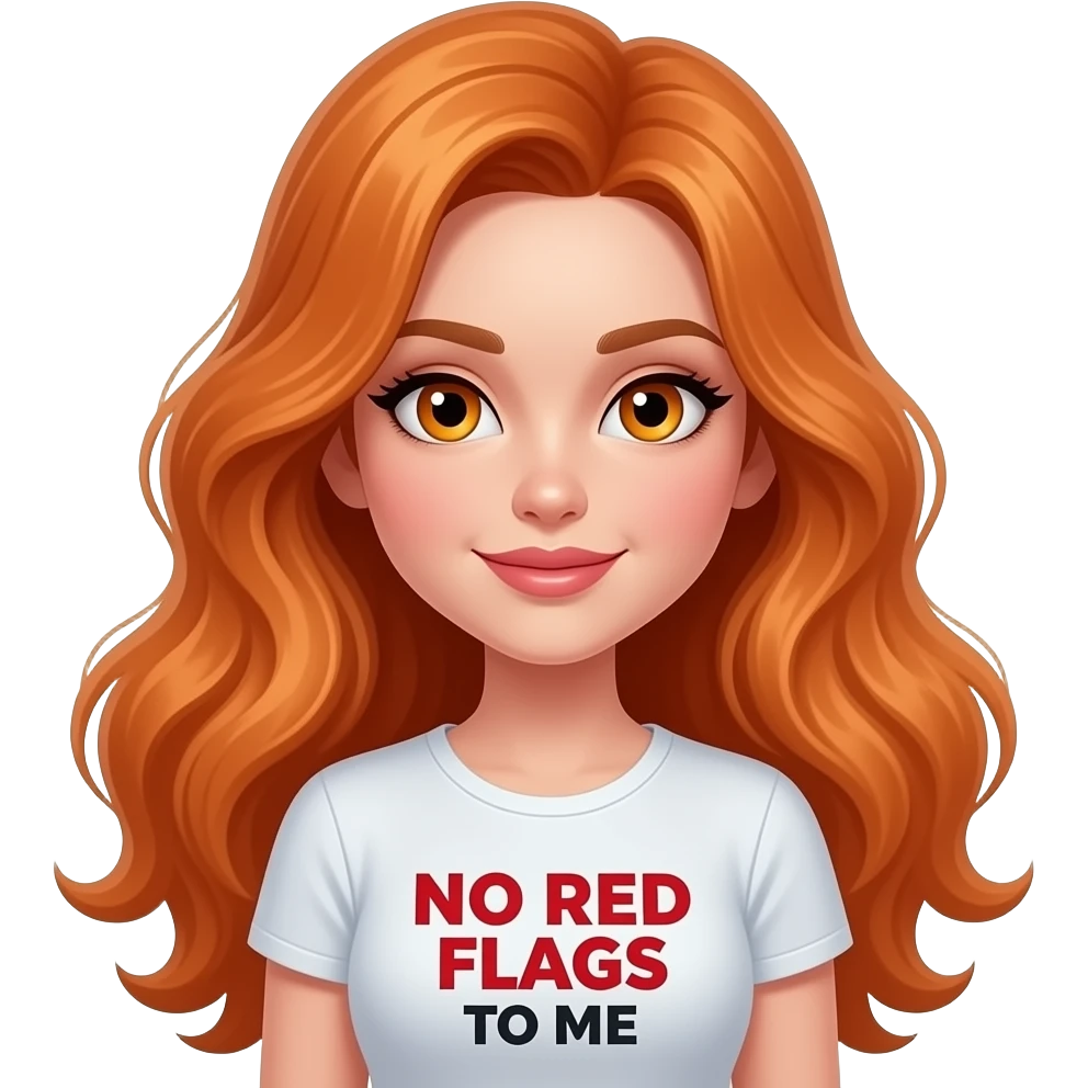 sexy girl with overlong ginger hair and ginger eyes a top with NO RED FLAGS to me written on it emoji