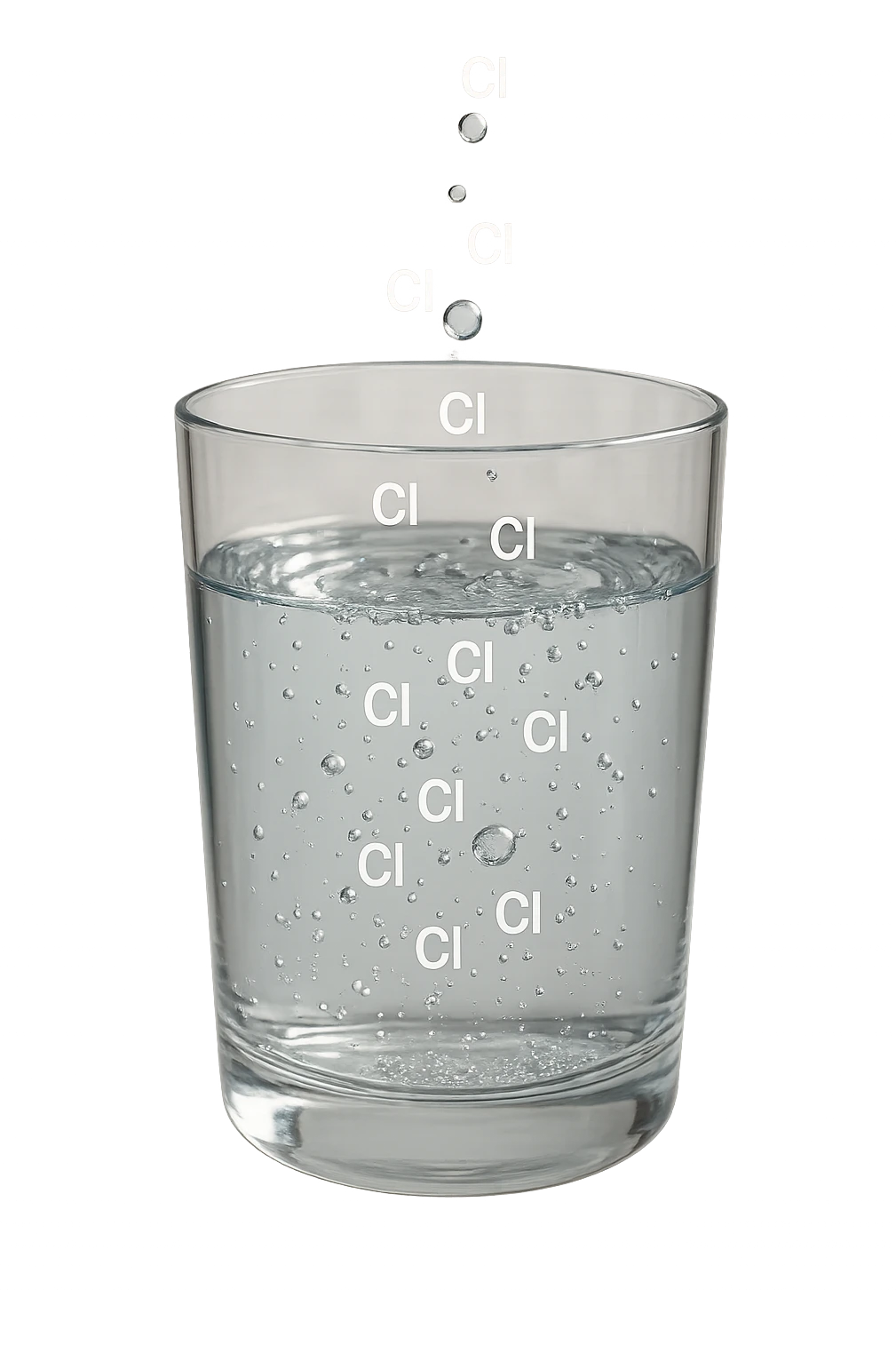 un bicchiere di acqua fluttua in aria realistico e dettagliato, dentro l'acqua del bicchiere ci sono particelle di cloro ben visibili con la scritta "Cl" sopra, ci sono particelle anche che escono dal bicchiere e fluttuano in aria verticalmente, mentre alcune sono all'interno dell'acqua nel bicchiere, iperrealistico 4k emoji