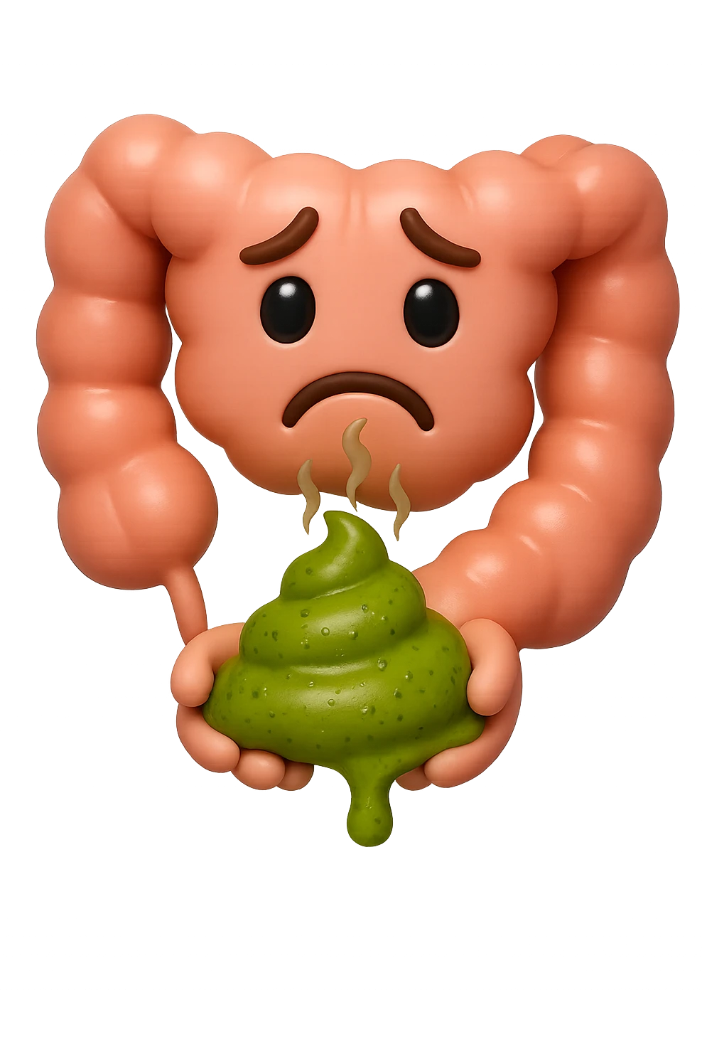 emoji stile iphone 3d di un intestino con espressione triste con cacca verde e liquida in mano , iperrealistiche 4k emoji