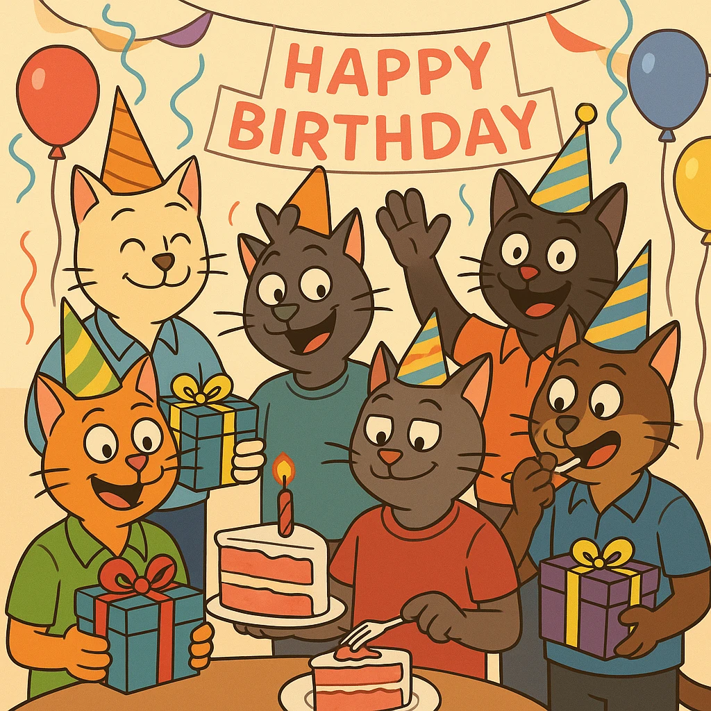 six guy cats at a birthday party, some holding gifts, some eating cake, festive decorations, cartoon style emoji