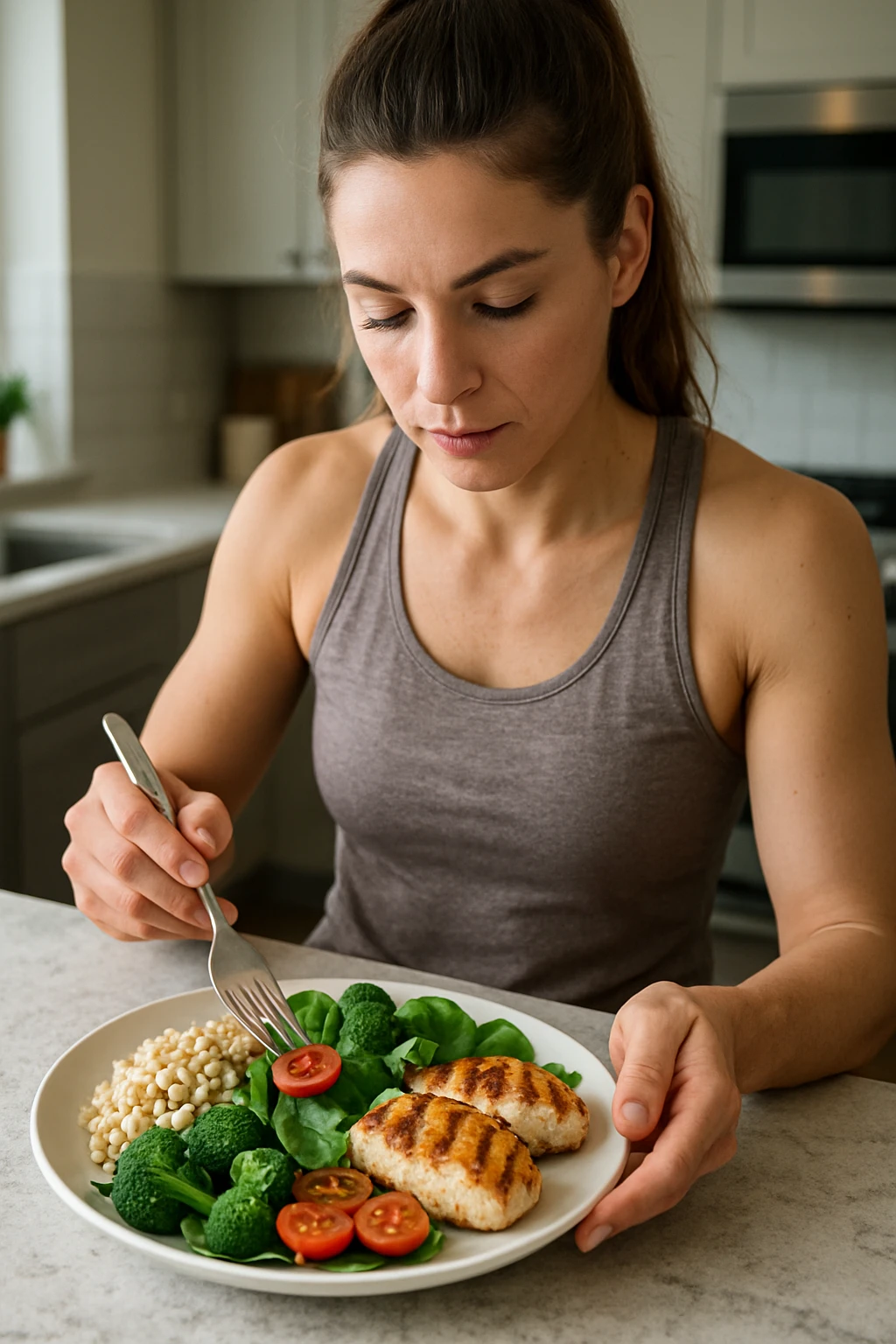 Donna che prepara un pasto equilibrato fit, con carboidrati, proteine e grassi dentro il piatto. Perfettamente equilibrato. Molto realistica emoji